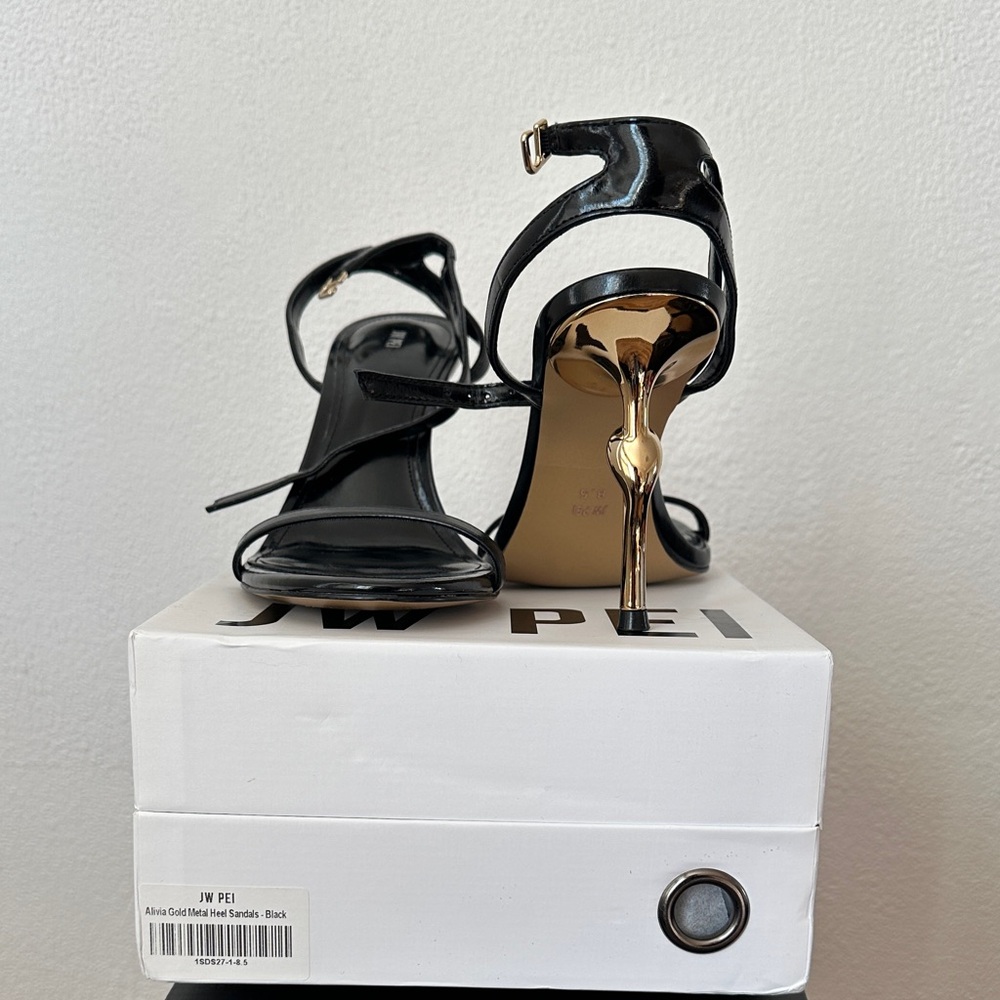 JW PEI Alivia Glossy Black Heels with Metallic Gold Detail